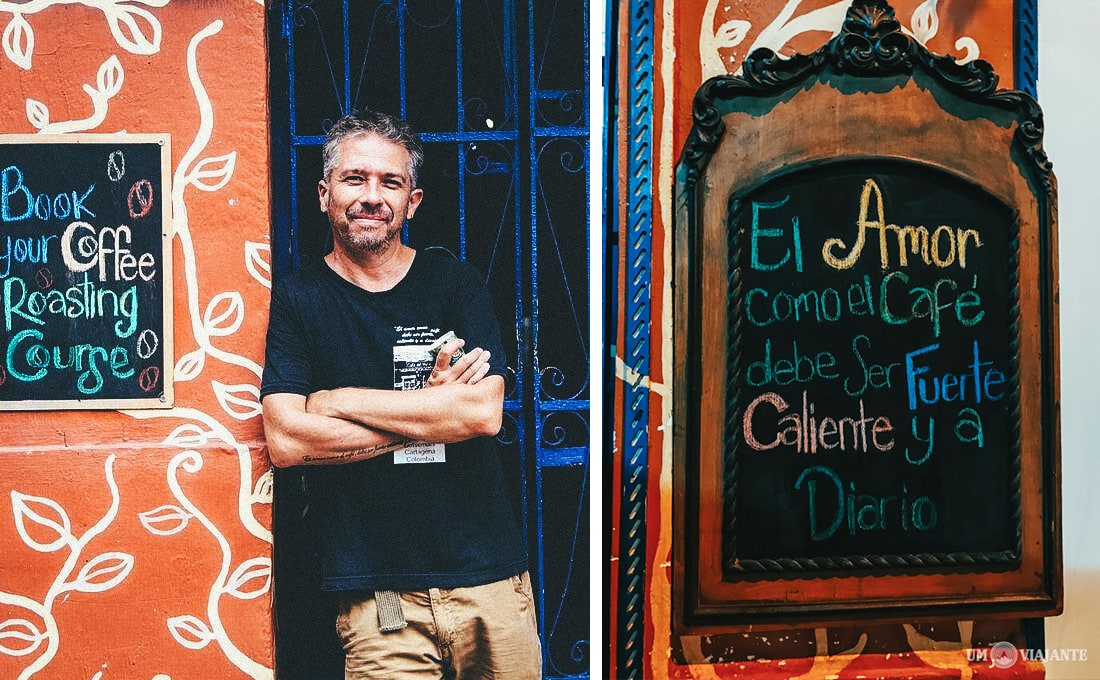 Díptico de Café del Mural: a la izquierda, David Arzayus de brazos cruzados ante un muro terracota con la frase Book your Coffee Roasting Course; a la derecha, una pizarra negra con la frase escrita en tiza El Amor como el Café debe ser Fuerte, Caliente y a Diario.